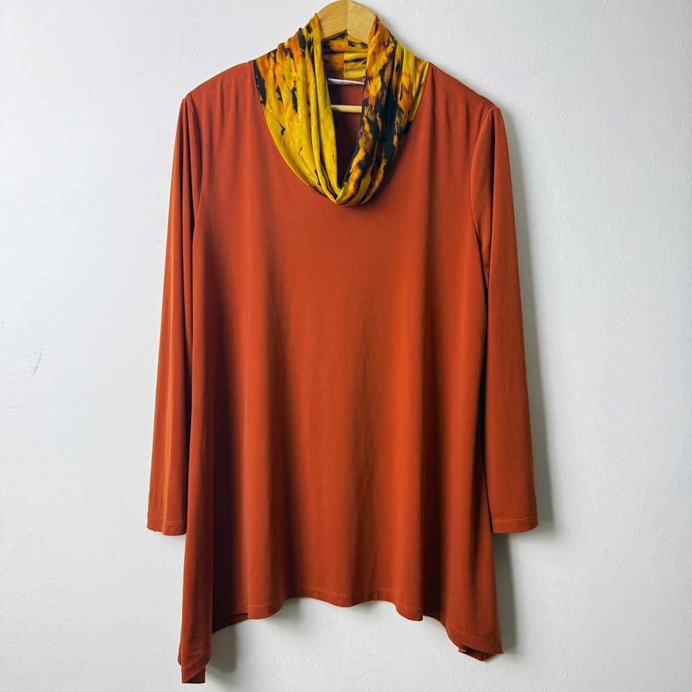 Susan Graver Womens Orange‎ Cowl Neck Long Sleeve Tunic Blouse Top Large